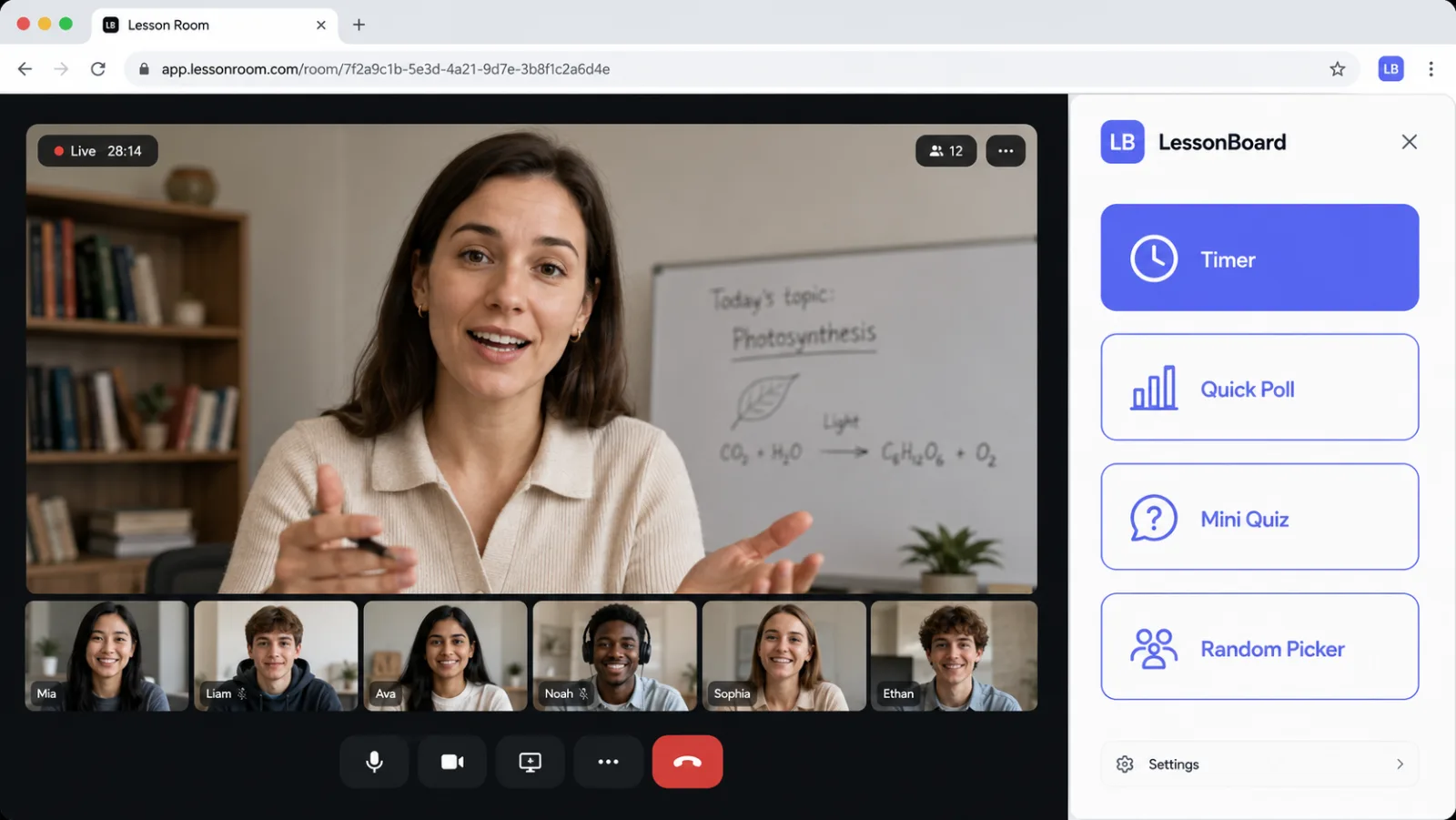 LessonBoard Chrome extension control panel docked beside a live video lesson, with buttons to launch a Timer, Quick Poll, Mini Quiz, and Random Picker