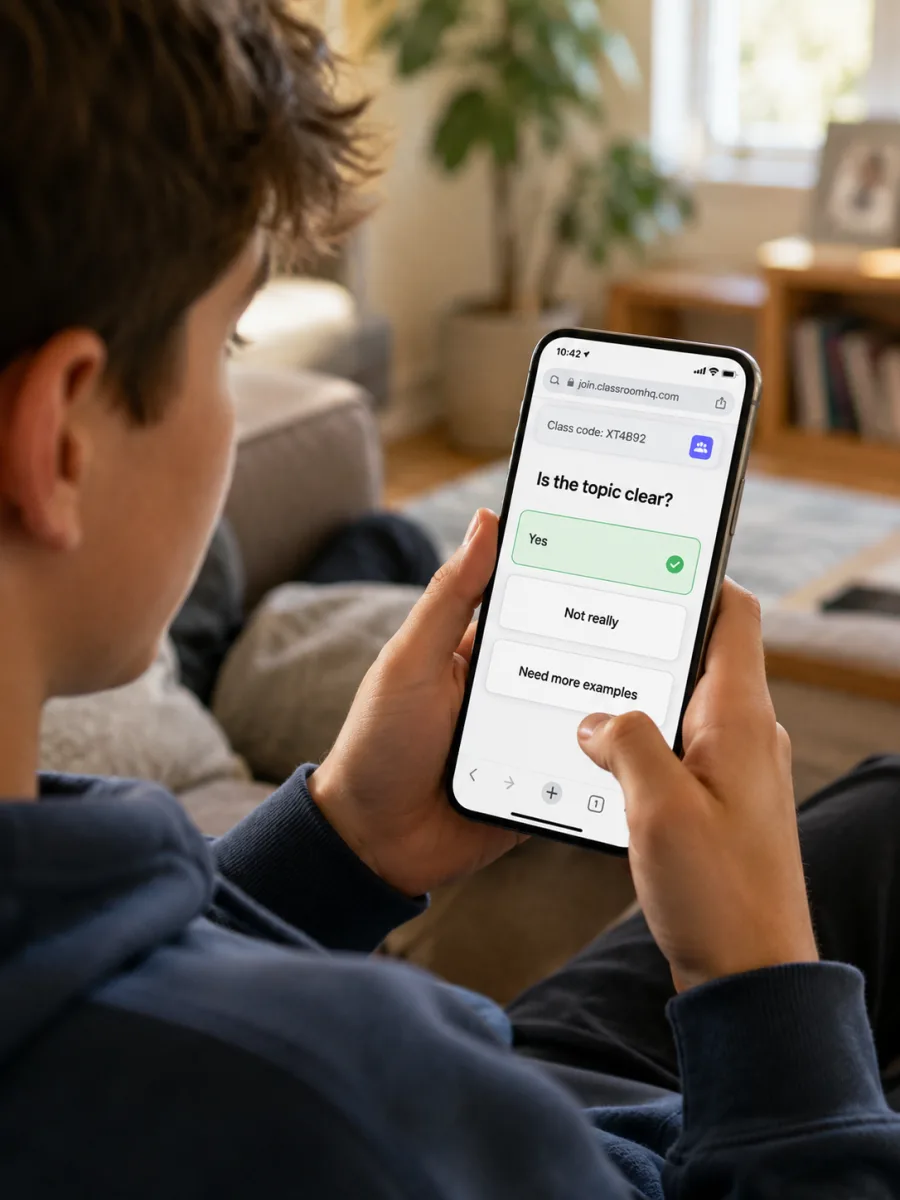 Student on a phone answering a quick poll — 'Is the topic clear?' — joined instantly with a class code, no app install required