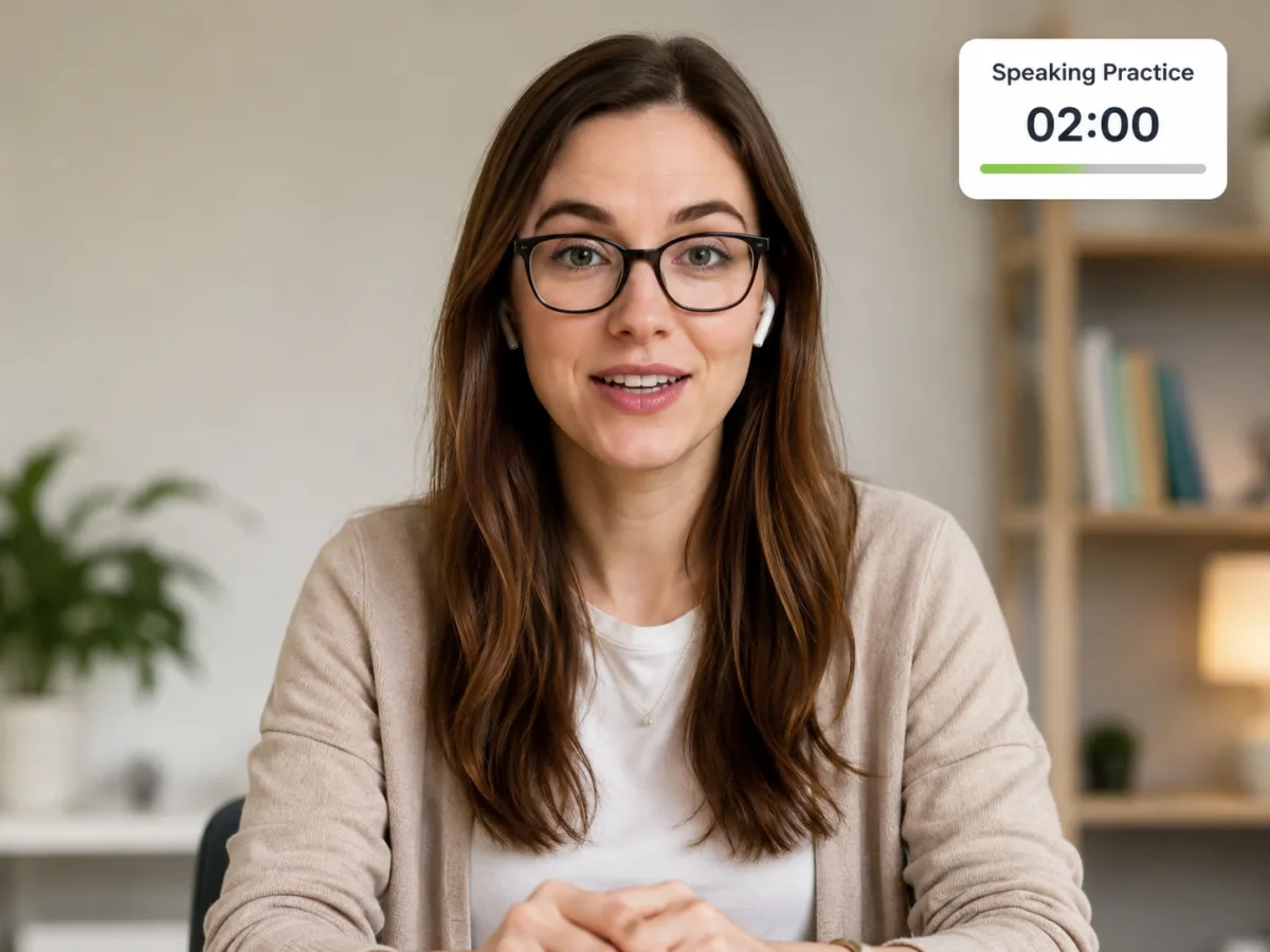 Teacher on a video call with a Speaking Practice timer counting down from 2:00