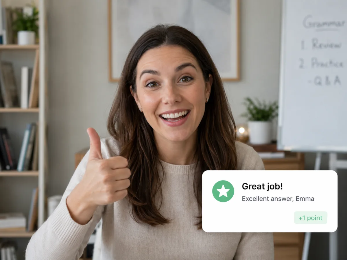 Teacher giving a thumbs up next to a feedback card awarding a point for a great answer