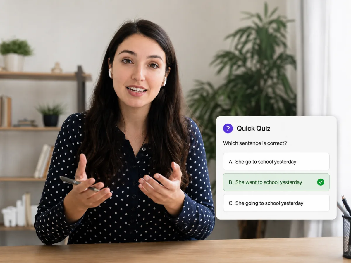 Teacher on a video call with a Quick Quiz widget showing a multiple-choice grammar question