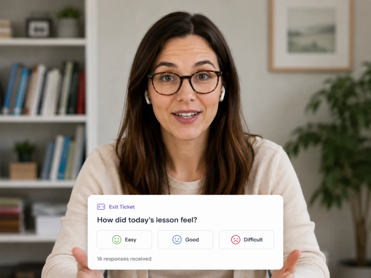 Teacher on a video call with an Exit Ticket widget asking how the lesson felt, with responses received