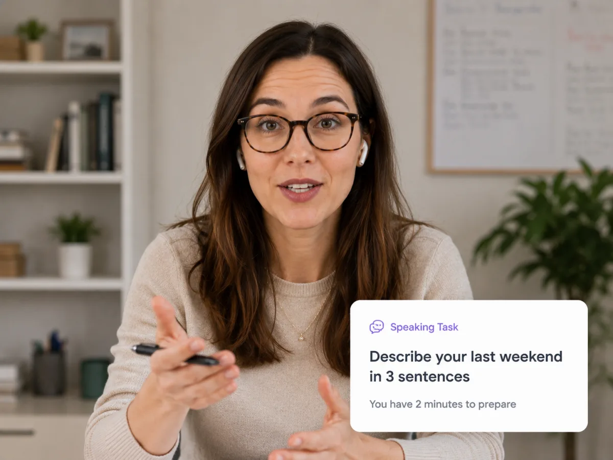 Teacher on a video call with a Speaking Task widget showing a prompt and preparation time