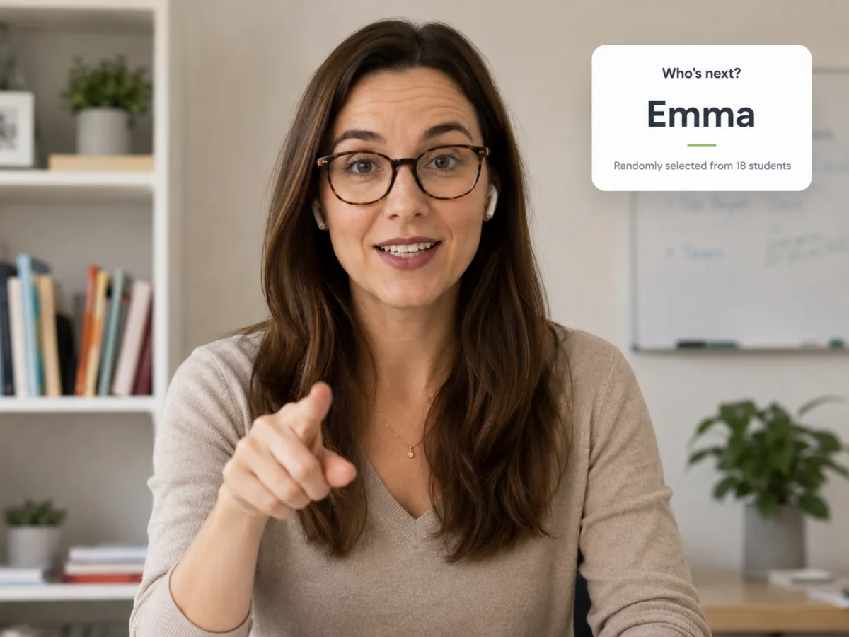 Teacher on a video call with a Random Student Picker widget showing a student picked from the class