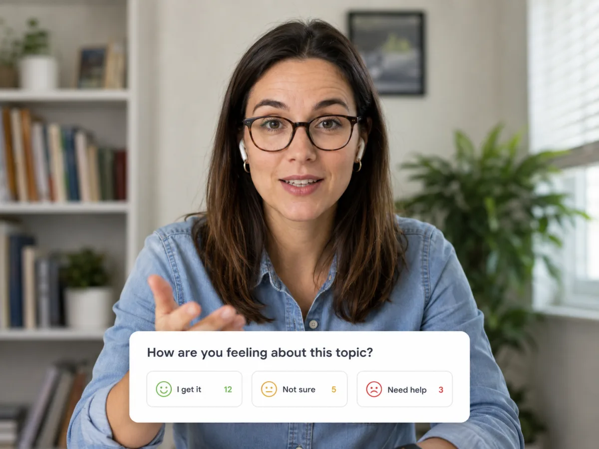 Teacher on a video call with an Understanding Check widget showing student answers: I get it, Not sure, Need help